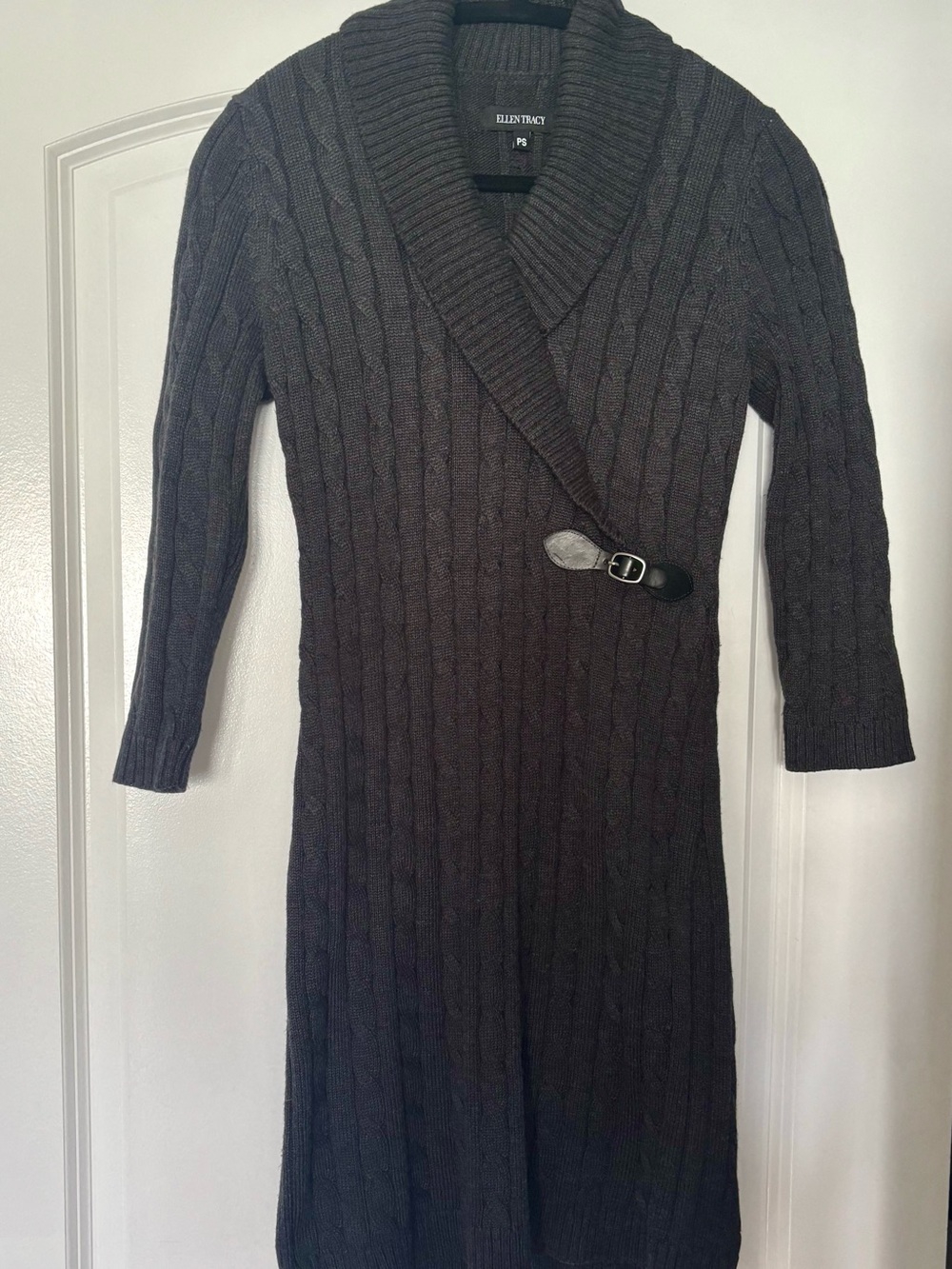 Ellen Tracy Dark Charcoal Cable Knit Shawl Collar Cardigan Dress